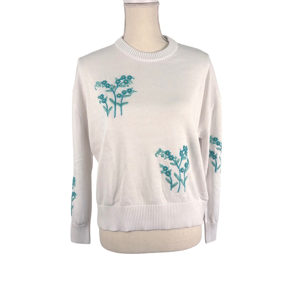 Clara The Label White Cotton Embroidered Floral Crew Neck Sweater Womens Small